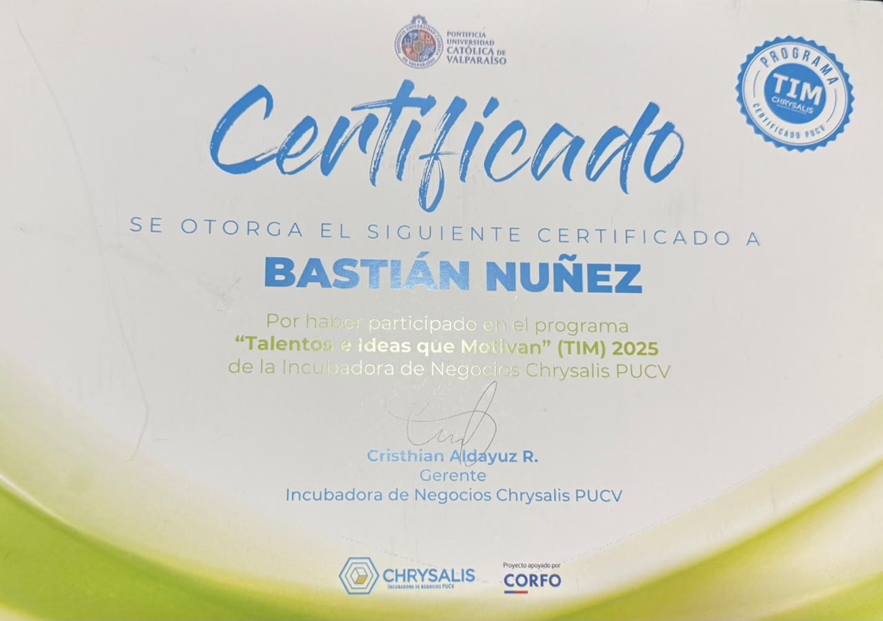 Certificado del programa TIM 2025 de la Incubadora Chrysalis PUCV